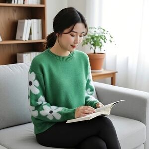 Green Floral Knit Sweater